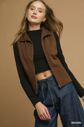 Umgee Zip-Front Fitted Vest with Pockets Brown OutfitFlow